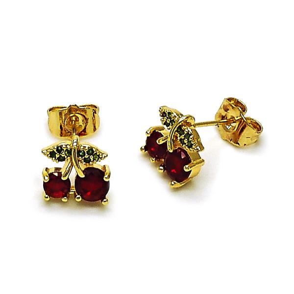Arete Dormilona 02.283.0284 Oro Laminado, Diseño de Cereza, con Zirconia Cubica Granate y Micro PaveVerde, Pulido, Dorado