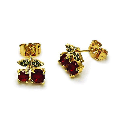 Arete Dormilona 02.283.0284 Oro Laminado, Diseño de Cereza, con Zirconia Cubica Granate y Micro PaveVerde, Pulido, Dorado