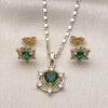 Juego de Arete y Dije de Adulto 10.196.0177 Oro Laminado, Diseño de Corazon y Cluster, Diseño de Corazon, con Zirconia Cubica Verde y Blanca, Pulido, Dorado