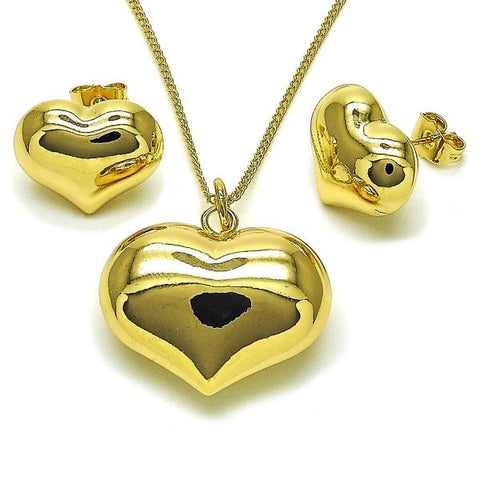 Juego de Arete y Dije de Adulto 10.163.0018 Oro Laminado, Diseño de Corazon y Hueco, Diseño de Corazon, Pulido, Dorado