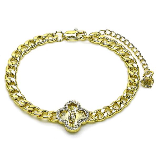 Pulsera Elegante 03.120.0008.7 Oro Laminado, Diseño de Trebol de Cuatro Hojas y Guadalupe, Diseño de Trebol de Cuatro Hojas, con Zirconia Cubica Blanca, Diamantado, Dorado