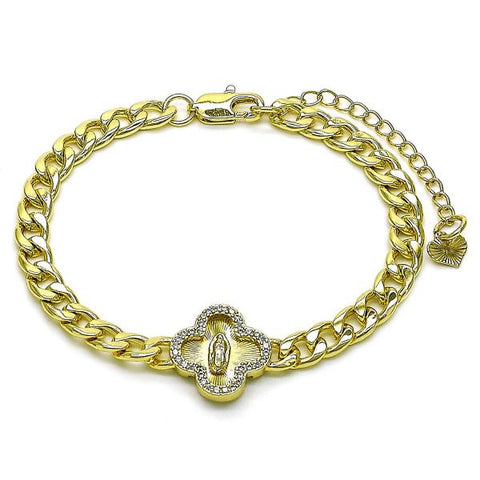 Pulsera Elegante 03.120.0008.7 Oro Laminado, Diseño de Trebol de Cuatro Hojas y Guadalupe, Diseño de Trebol de Cuatro Hojas, con Zirconia Cubica Blanca, Diamantado, Dorado