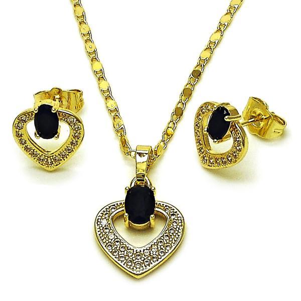 Juego de Arete y Dije de Adulto 10.196.0182 Oro Laminado, Diseño de Corazon, con Zirconia Cubica Negro y Micro PaveBlanca, Pulido, Dorado