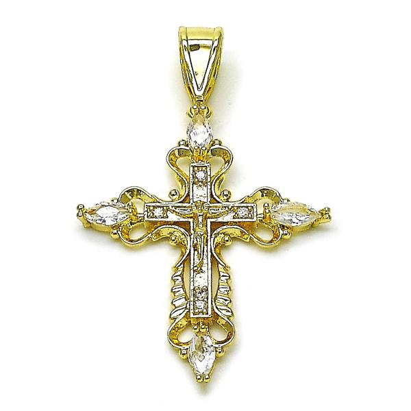 Dije Religioso 05.253.0190 Oro Laminado, Diseño de Cruz y Crucifijo, Diseño de Cruz, con Zirconia Cubica Blanca, Pulido, Dorado