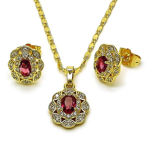 Juego de Arete y Dije de Adulto 10.196.0186.1 Oro Laminado, Diseño de Cluster, con Zirconia Cubica Rubi y Blanca, Pulido, Dorado