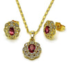 Juego de Arete y Dije de Adulto 10.196.0186.1 Oro Laminado, Diseño de Cluster, con Zirconia Cubica Rubi y Blanca, Pulido, Dorado