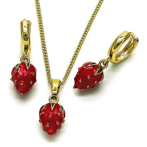 Juego de Arete y Dije de Adulto 10.284.0050 Oro Laminado, Diseño de Fresa, Pulido, Dorado