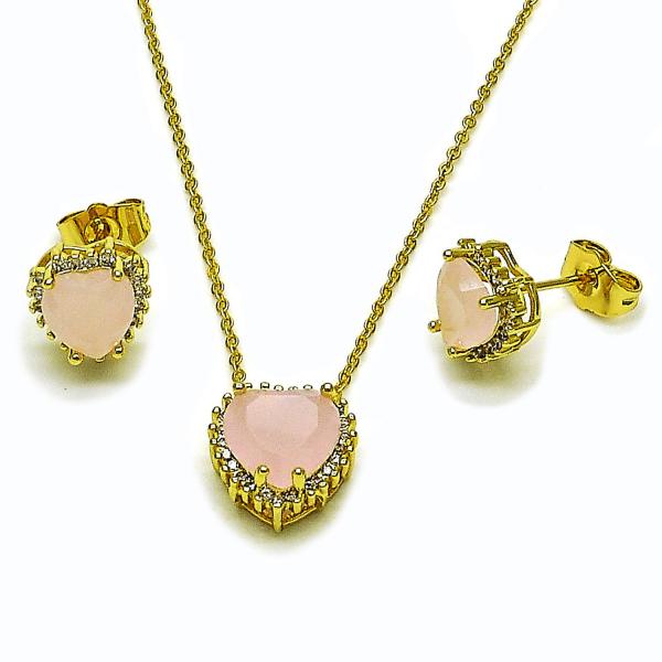 Juego de Arete y Dije de Adulto 10.156.0526.2 Oro Laminado, Diseño de Corazon y Cluster, Diseño de Corazon, con Zirconia Cubica Rosado y Micro PaveBlanca, Pulido, Dorado