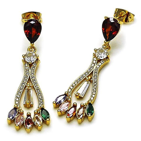 Arete Largo 02.282.0076 Oro Laminado, Diseño de Gota y Baguette, Diseño de Gota, con Zirconia Cubica Multicolor y Micro PaveBlanca, Pulido, Dorado