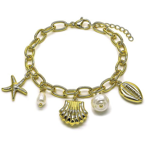 Pulsera de Dije 03.213.0373.07 Oro Laminado, Diseño de Concha y Estrella, Diseño de Concha, con Perla Marfil, Pulido, Dorado