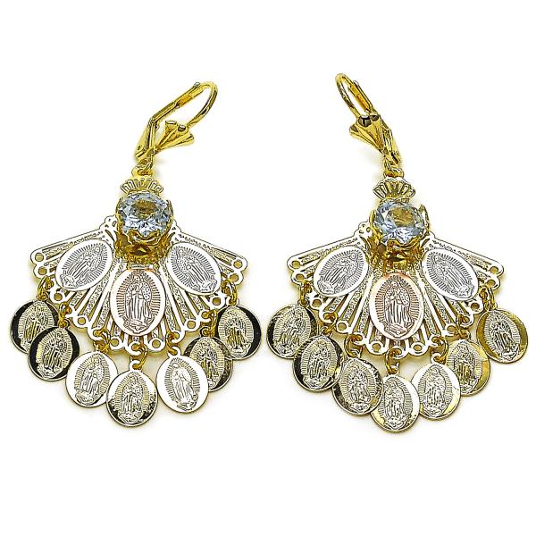 Arete Largo 02.331.0059 Oro Laminado, Diseño de Guadalupe, con Zirconia Cubica Blanca, Diamantado, Tricolor