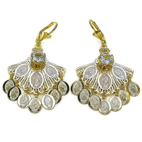 Arete Largo 02.331.0059 Oro Laminado, Diseño de Guadalupe, con Zirconia Cubica Blanca, Diamantado, Tricolor