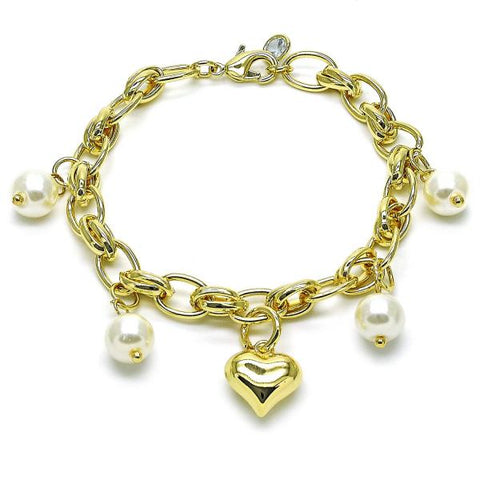 Pulsera de Dije 03.331.0258.08 Oro Laminado, Diseño de Corazon y Bola, Diseño de Corazon, con Perla Marfil y Zirconia CubicaBlanca, Pulido, Dorado