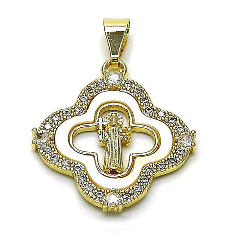 Dije Religioso 05.253.0195 Oro Laminado, Diseño de Trebol de Cuatro Hojas y San Benito, Diseño de Trebol de Cuatro Hojas, con Madre Perla Marfil y Zirconia CubicaBlanca, Pulido, Dorado