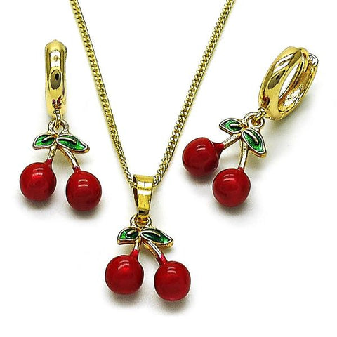 Juego de Arete y Dije de Adulto 10.284.0049 Oro Laminado, Diseño de Cereza, Esmaltado Rojo, Dorado