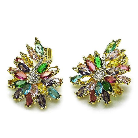 Arete Dormilona 02.436.0006 Oro Laminado, Diseño de Flor, con Zirconia Cubica Multicolor y Blanca, Pulido, Dorado