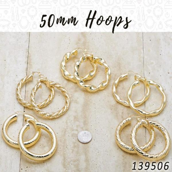 Kit Surtido de 25 Pares de Argollas de 50 mm de Oro Laminado al por mayor — SKU 139506