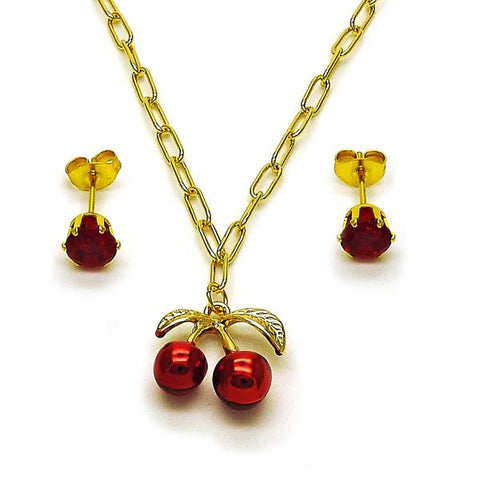 Juego de Arete y Dije de Adulto 10.417.0026 Oro Laminado, Diseño de Cereza y Paperclip, Diseño de Cereza, con Zirconia Cubica Granate, Esmaltado Rojo, Dorado