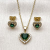 Juego de Arete y Dije de Adulto 10.156.0539 Oro Laminado, Diseño de Corazon y Cluster, Diseño de Corazon, con Zirconia Cubica Verde y Blanca, Pulido, Dorado