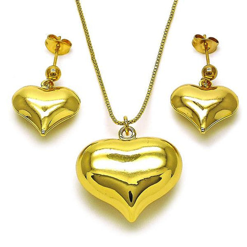 Juego de Arete y Dije de Adulto 10.417.0015 Oro Laminado, Diseño de Corazon y Hueco, Diseño de Corazon, Pulido, Dorado