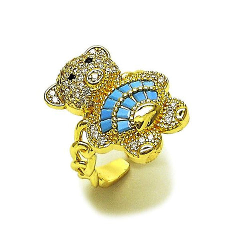 Anillo Multi Piedra 01.284.0108.2 Oro Laminado, Diseño de Osito y Baguette, Diseño de Osito, con Zirconia Cubica Turquoise y Micro PaveBlanca, Pulido, Dorado