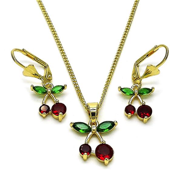 Juego de Arete y Dije de Adulto 10.210.0186 Oro Laminado, Diseño de Cereza, con Zirconia Cubica Granate y Verde, Pulido, Dorado