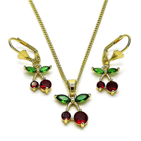 Juego de Arete y Dije de Adulto 10.210.0186 Oro Laminado, Diseño de Cereza, con Zirconia Cubica Granate y Verde, Pulido, Dorado