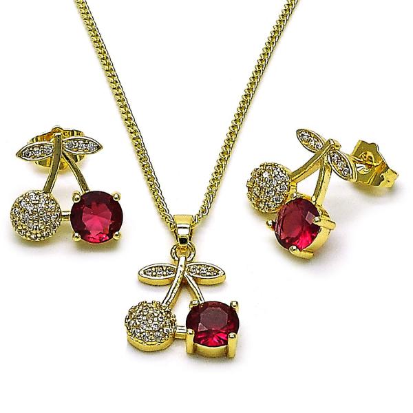 Juego de Arete y Dije de Adulto 10.283.0024 Oro Laminado, Diseño de Cereza, con Zirconia Cubica Rubi y Micro PaveBlanca, Pulido,