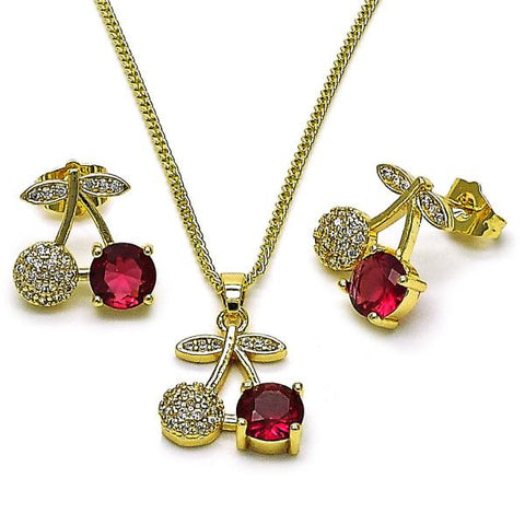 Juego de Arete y Dije de Adulto 10.283.0024 Oro Laminado, Diseño de Cereza, con Zirconia Cubica Rubi y Micro PaveBlanca, Pulido,