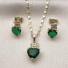 Juego de Arete y Dije de Adulto 10.196.0166 Oro Laminado, Diseño de Corazon y Mariposa, Diseño de Corazon, con Zirconia Cubica Verde y Blanca, Pulido, Dorado