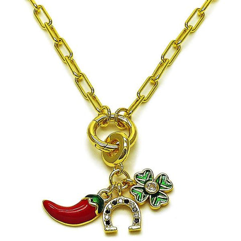 Gargantilla Elegante 04.341.0241.20 Oro Laminado, Diseño de Caballo de Mar y Chile, Diseño de Caballo de Mar, con Zirconia Cubica Blanca y Negro, Esmaltado Rojo, Dorado