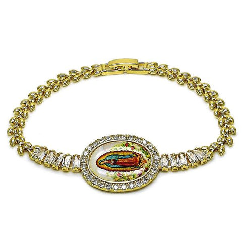Pulsera Elegante 03.283.0476.07 Oro Laminado, Diseño de Guadalupe y Baguette, Diseño de Guadalupe, con Zirconia Cubica Blanca, Pulido, Dorado