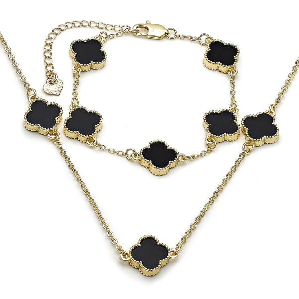Collar y Pulso 06.120.0001.2 Oro Laminado, Diseño de Trebol de Cuatro Hojas y Rolo, Diseño de Trebol de Cuatro Hojas, con Madre Perla Negro, Pulido, Dorado