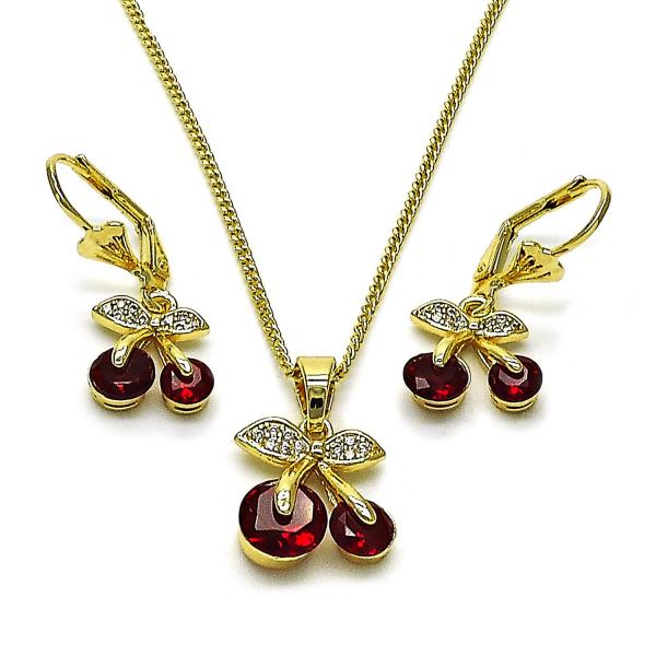Juego de Arete y Dije de Adulto 10.210.0185 Oro Laminado, Diseño de Cereza, con Zirconia Cubica Granate y Micro PaveBlanca, Pulido, Dorado