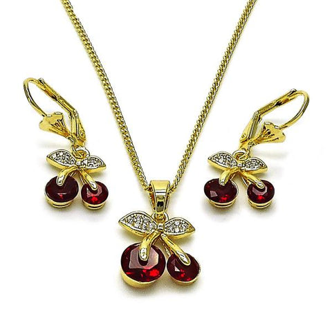 Juego de Arete y Dije de Adulto 10.210.0185 Oro Laminado, Diseño de Cereza, con Zirconia Cubica Granate y Micro PaveBlanca, Pulido, Dorado
