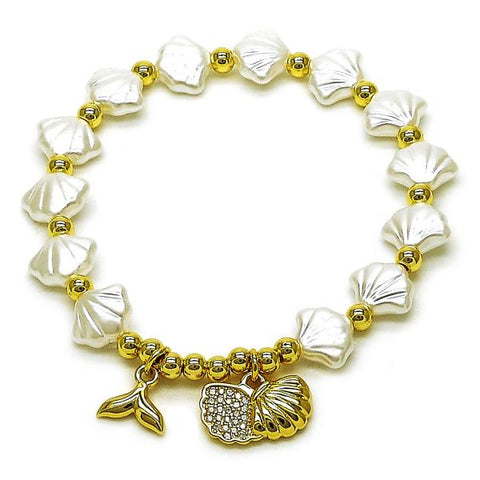 Pulsera Elegante 03.341.0257.07 Oro Laminado, Diseño de Concha y Pescado, Diseño de Concha, con Perla Marfil y Micro PaveBlanca, Pulido, Dorado