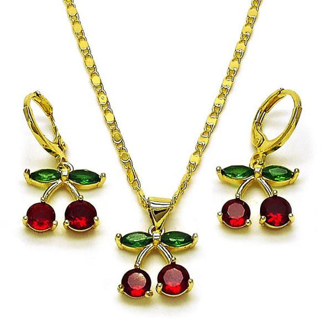 Juego de Arete y Dije de Adulto 10.411.0015 Oro Laminado, Diseño de Cereza, con Zirconia Cubica Granate y Verde, Pulido, Dorado
