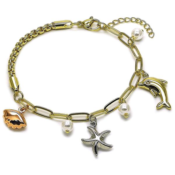 Pulsera de Dije 03.213.0371.07 Oro Laminado, Diseño de Concha y Estrella, Diseño de Concha, con Perla Marfil, Pulido, Tricolor