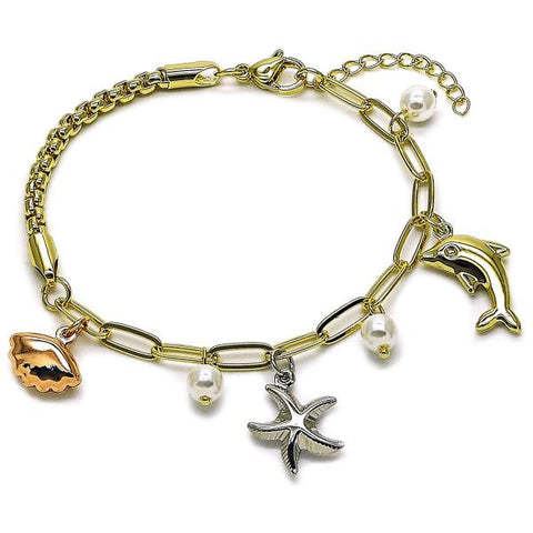 Pulsera de Dije 03.213.0371.07 Oro Laminado, Diseño de Concha y Estrella, Diseño de Concha, con Perla Marfil, Pulido, Tricolor