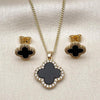 Juego de Arete y Dije de Adulto 10.283.0023 Oro Laminado, Diseño de Trebol de Cuatro Hojas, con Micro Pave Negro y Zirconia CubicaBlanca, Pulido, Dorado