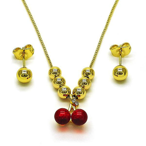 Collar y Arete 06.417.0026 Oro Laminado, Diseño de Cereza y Bola, Diseño de Cereza, con Cristal Granate y Blanca, Pulido, Dorado
