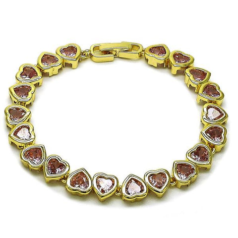 Pulsera Tennis 03.284.0058.07 Oro Laminado, Diseño de Corazon, con Zirconia Cubica Rosado, Pulido, Dorado