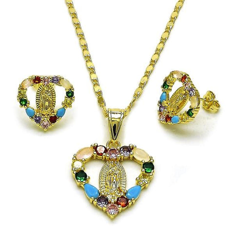 Juego de Arete y Dije de Adulto 10.411.0010.1 Oro Laminado, Diseño de Corazon y Guadalupe, Diseño de Corazon, con Zirconia Cubica Multicolor, Pulido, Dorado