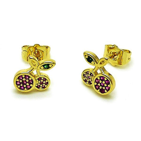 Arete Dormilona 02.344.0165 Oro Laminado, Diseño de Cereza, con Micro Pave Rubi y Verde, Pulido, Dorado