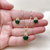 Juego de Arete y Dije de Adulto 10.196.0166 Oro Laminado, Diseño de Corazon y Mariposa, Diseño de Corazon, con Zirconia Cubica Verde y Blanca, Pulido, Dorado