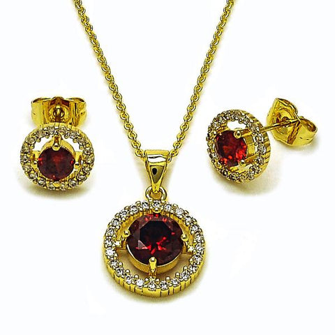 Juego de Arete y Dije de Adulto 10.156.0540.1 Oro Laminado, Diseño de Cluster, con Zirconia Cubica Granate y Blanca, Pulido, Dorado