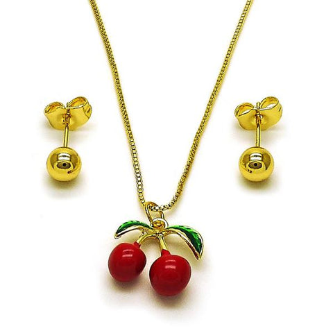 Juego de Arete y Dije de Adulto 10.417.0027 Oro Laminado, Diseño de Cereza y Bola, Diseño de Cereza, Esmaltado Rojo, Dorado