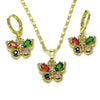 Juego de Arete y Dije de Adulto 10.196.0147 Oro Laminado, Diseño de Mariposa, con Zirconia Cubica Multicolor, Pulido, Dorado