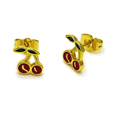 Arete Dormilona 02.156.0708 Oro Laminado, Diseño de Cereza, Esmaltado Rojo, Dorado