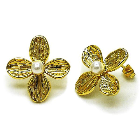 Arete Dormilona 02.341.0247 Oro Laminado, Diseño de Oja y Bola, Diseño de Oja, con Perla Marfil, Diamantado, Dorado